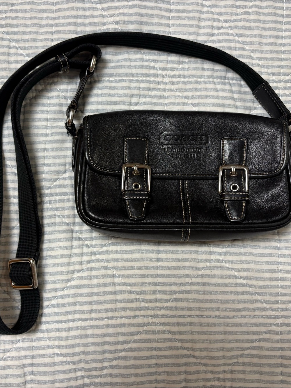Coach Black Leather Messenger Bag with Dual Buckles